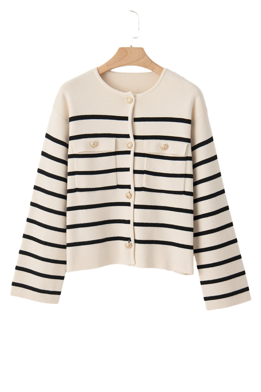 Flap Pocket Buttoned Cardigan Sweater | Black Stripe