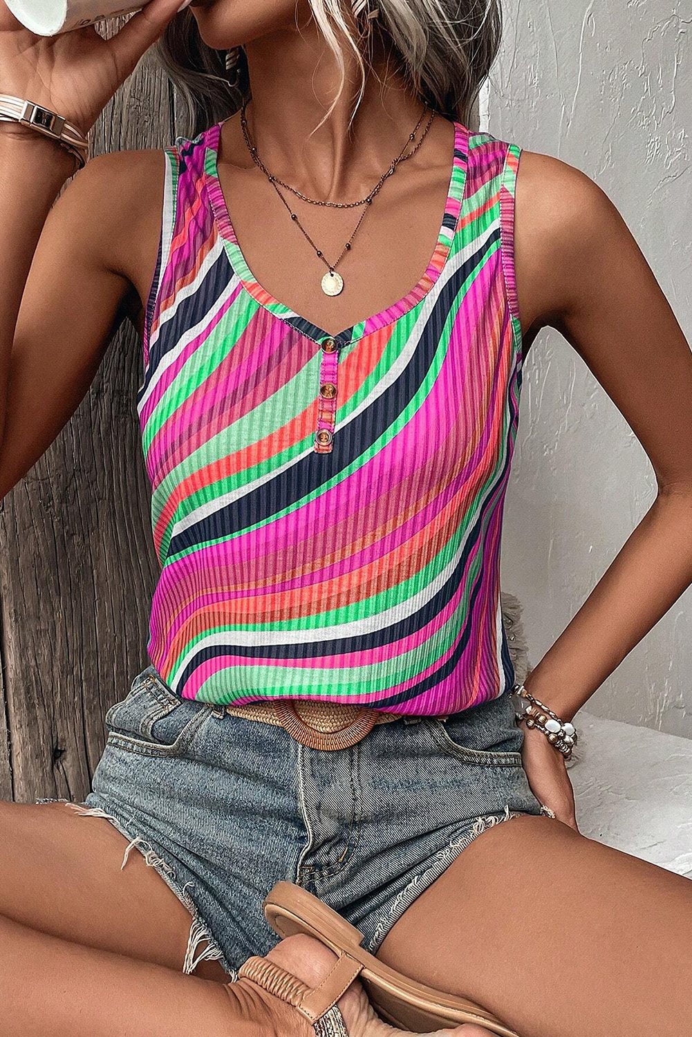 Wavy Striped Buttoned V Neck Tank Top | Purple