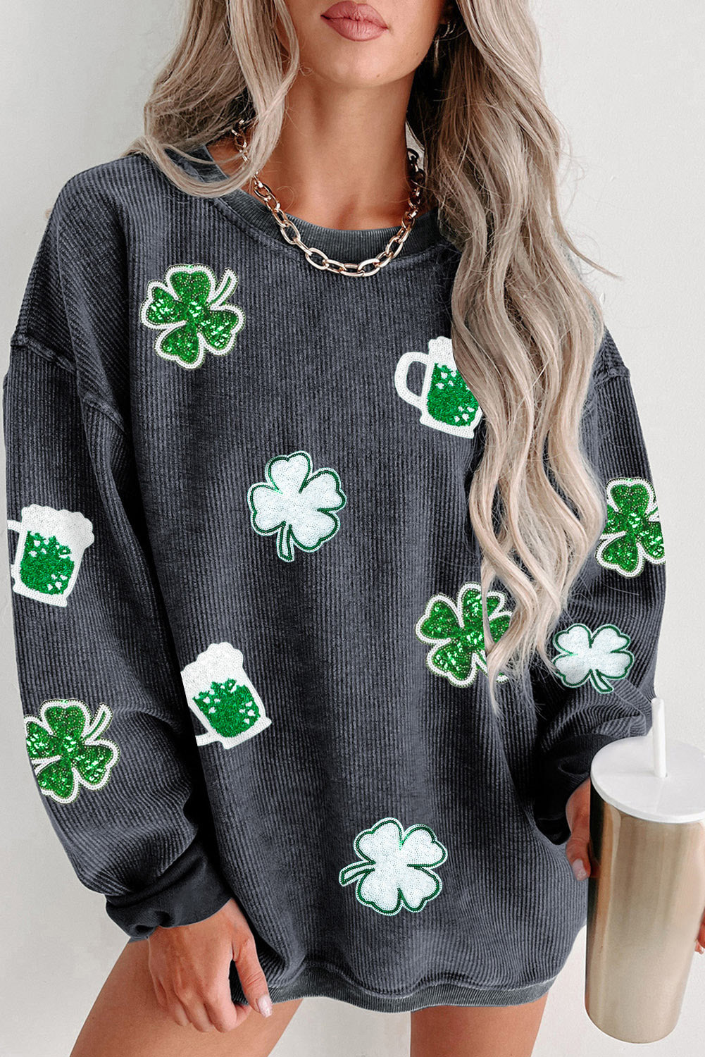 Gray Sequined Clover St Patrick Graphic Corded Sweatshirt