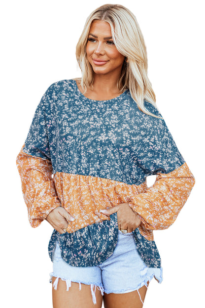 Floral Colour Block Patchwork Ruffled Hem Round Neck Blouse | Orange