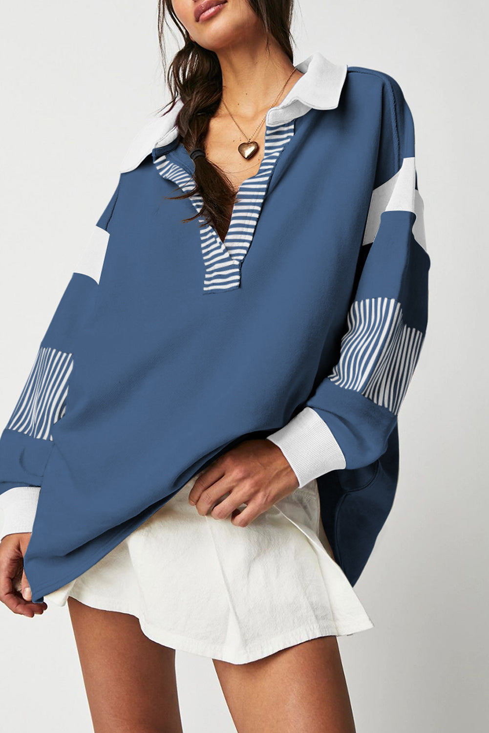 Sail Blue Striped Colorblock Patchwork Collar Sweatshirt