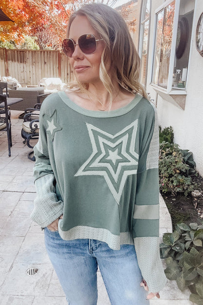 Stars Patchwork Round Neck Plus Size T Shirt | Mist Green