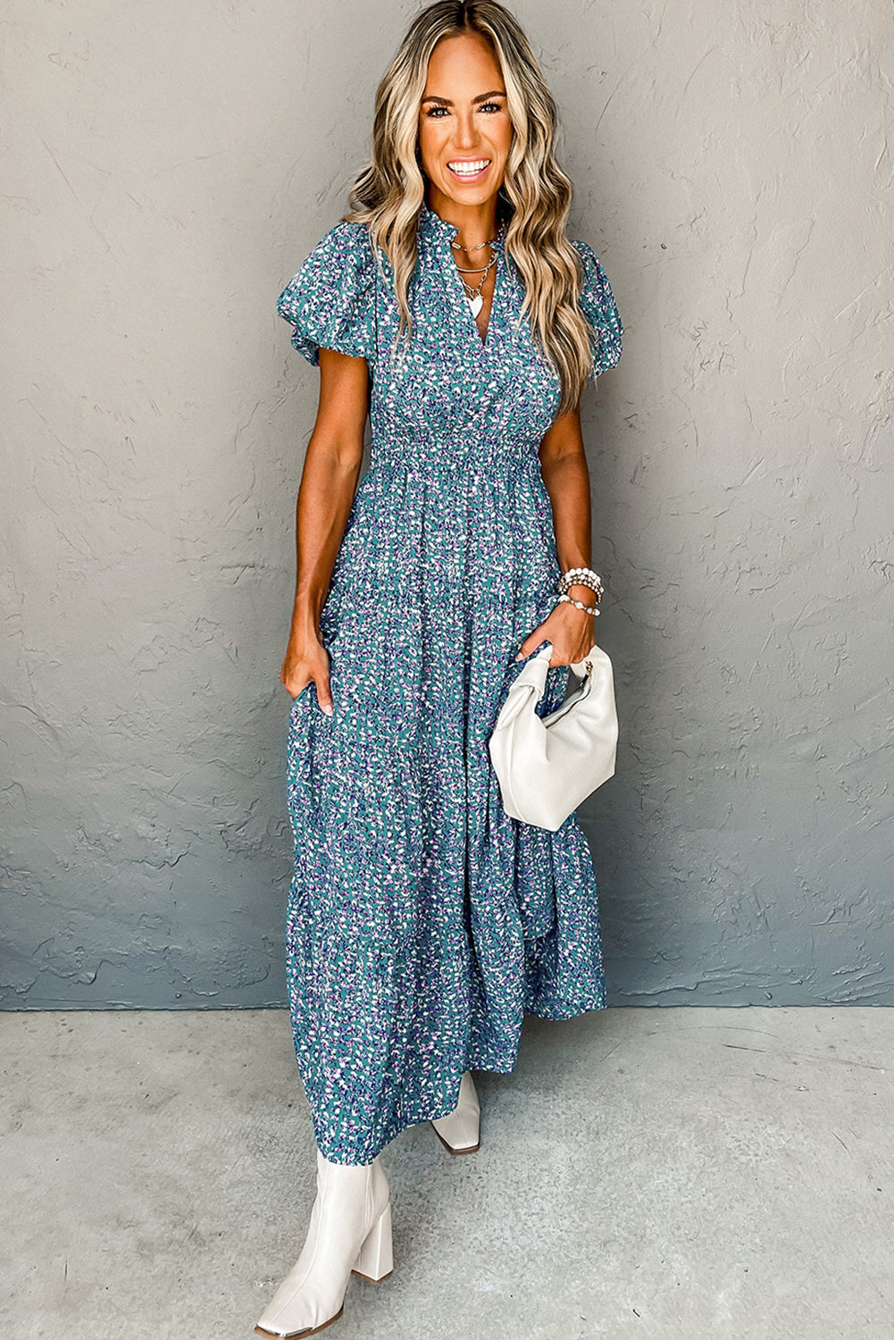 Printed V Neck Shirred Short Puff Sleeve Maxi Dress | Blue