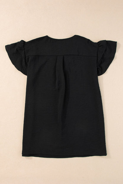 V Neck Ruffle Short Sleeve Blouse | Black