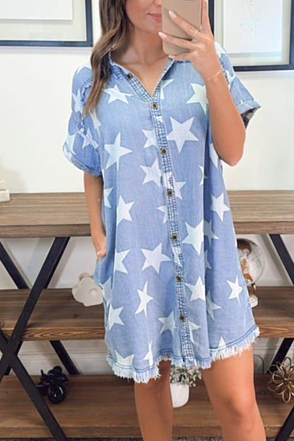 Sky Blue Stars Frayed Hem Collared Short Sleeve Denim Dress