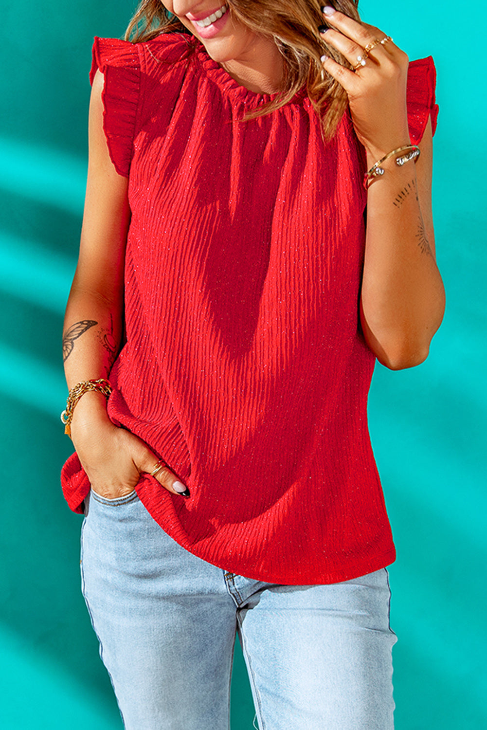 Fiery  Ruffled Ribbed O-Neck Sleeveless Top | Red