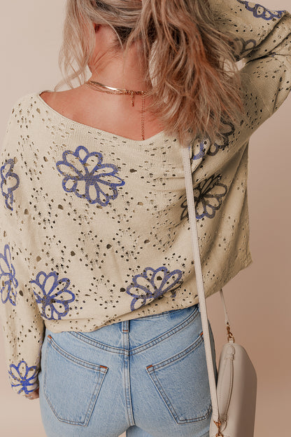 Contrast Flower Print Eyelet Drop Shoulder Sweater | Beige