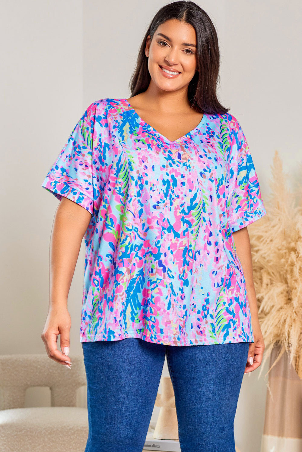 Plus Size Plant Print V Neck T-Shirt | Sky Blue