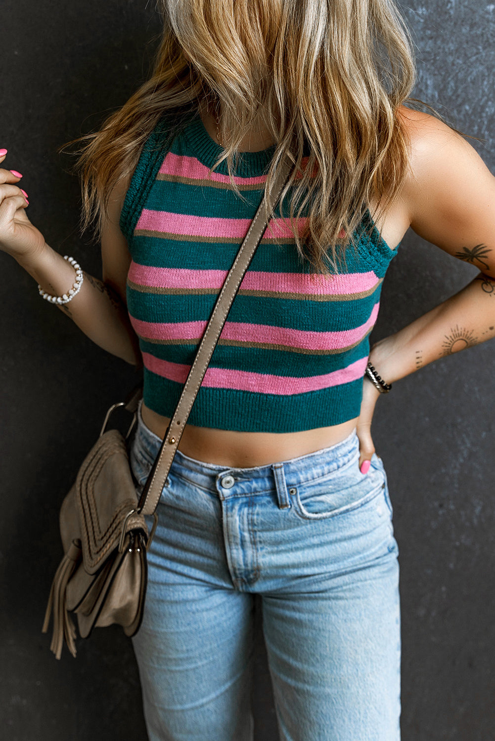 Sleeveless Knit Cropped Sweater Top | Pink Stripe