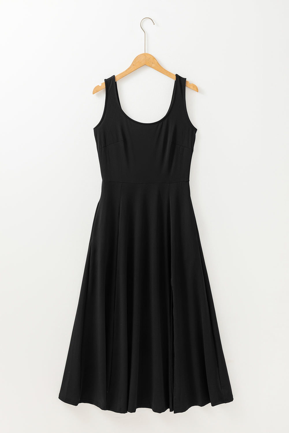 Sleeveless Scoop Neck Flared Split Midi Dress | Black