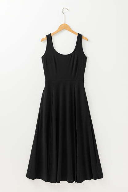 Sleeveless Scoop Neck Flared Split Midi Dress | Black