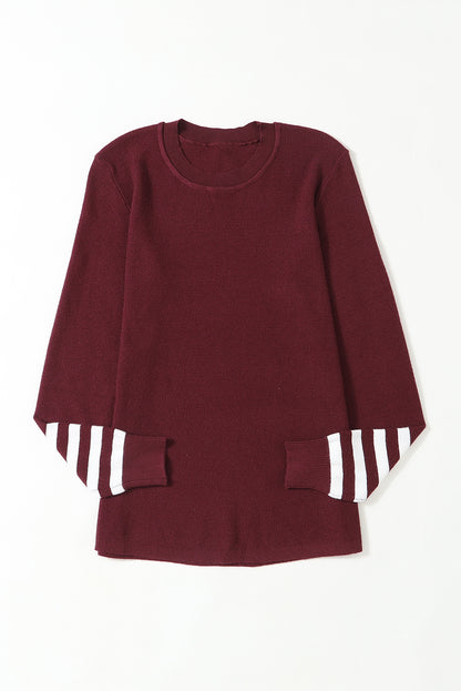 Striped Sleeve Plain Knit Sweater | Red