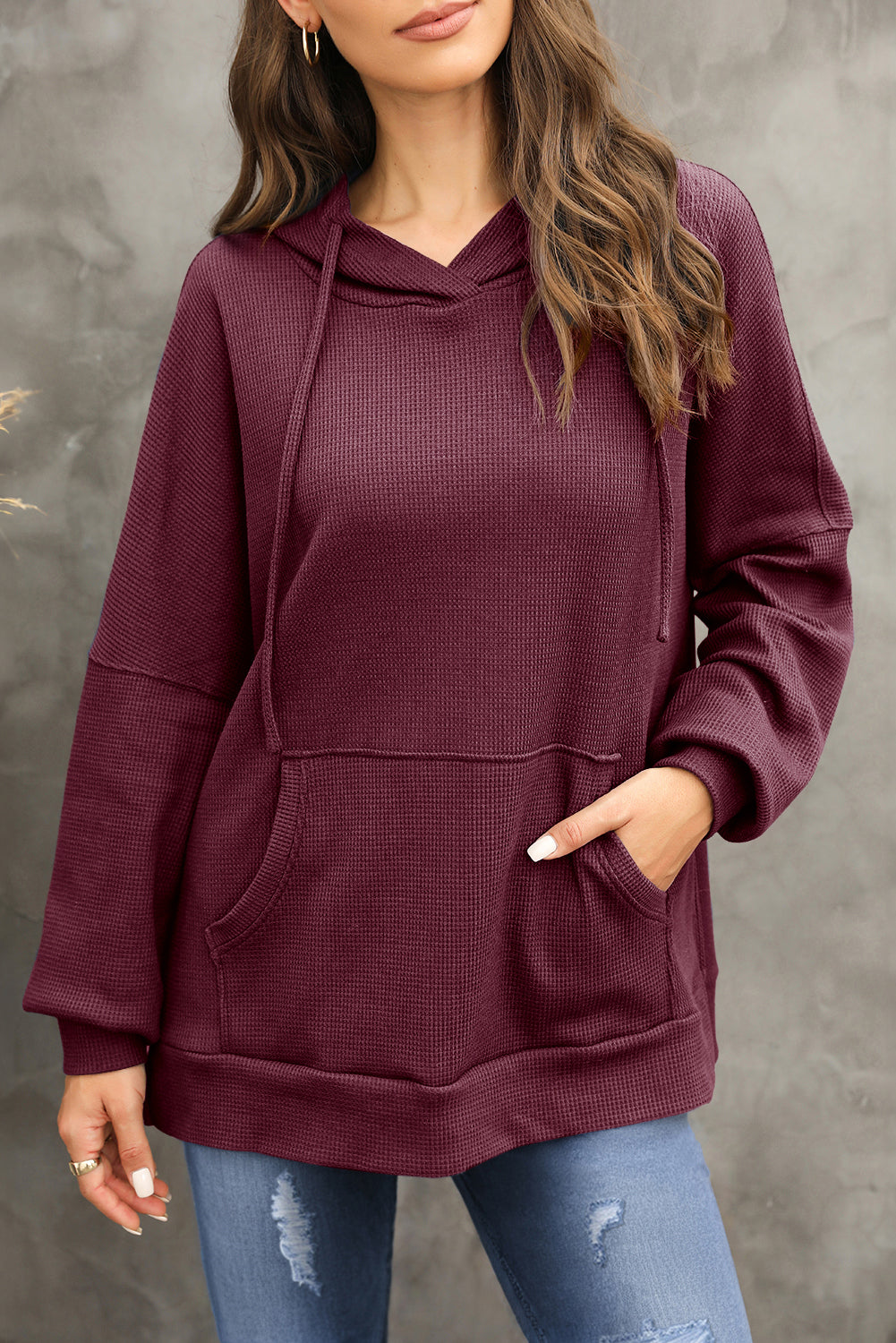 Waffle Knit Fleece Lined High Low Oversized Hoodie | Red Dahlia