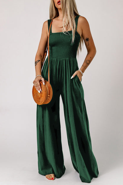 Smocked Sleeveless Wide Leg Jumpsuit With Pockets | Green