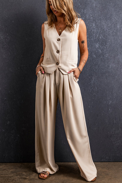 Elastic Waist Pleated Wide Leg Pants | Apricot