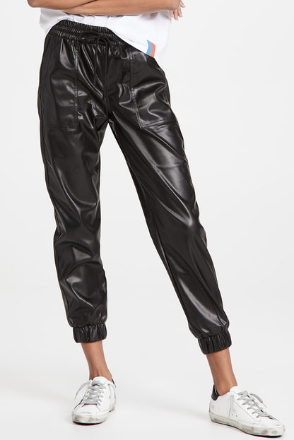 Faux Leather Ankle Smocked Waist Drawstring Joggers | Black