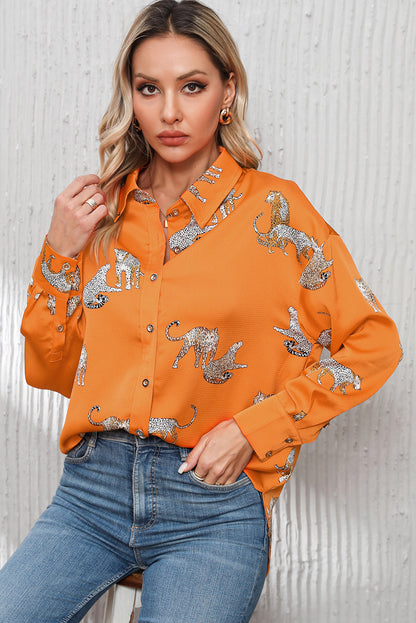 Cheetah Animal Print Button Up Satin Shirt | Russet Orange