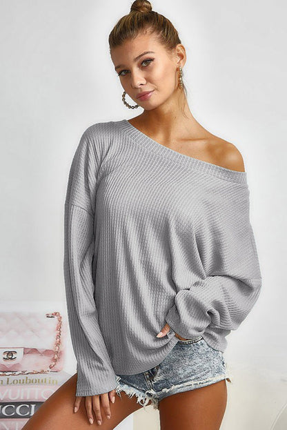 V Cut Drawstring Back Waffle Knit Long Sleeve Top | Gray