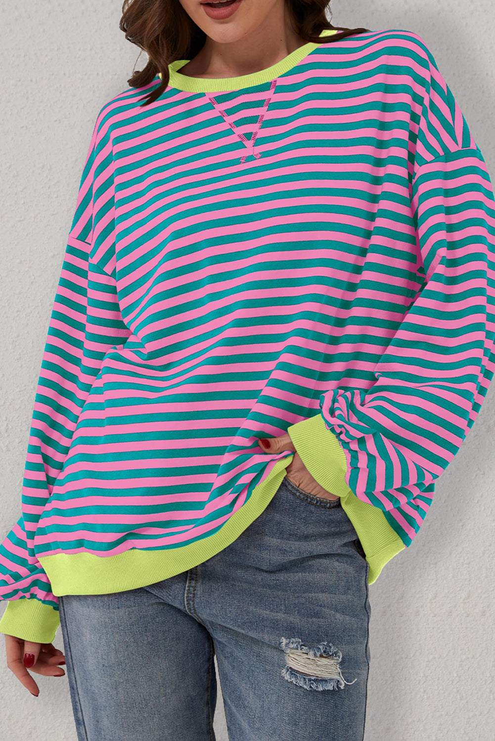 Oversized Contrast Trim Pullover Sweatshirt | Green Stripe