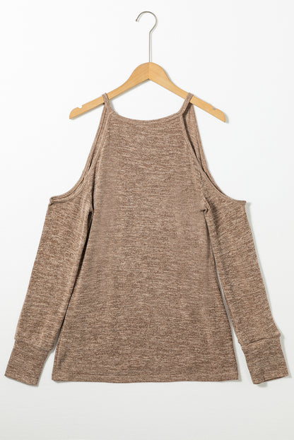 Marble Knit Cold Shoulder Long Sleeve Top | Khaki