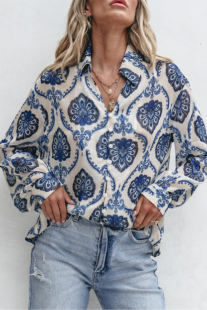 Tribal Pattern Buttoned Front Loose Shirt | Blue