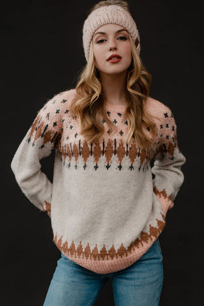 Mixed Geometric Detail Raglan Sleeve Sweater | Multicolour