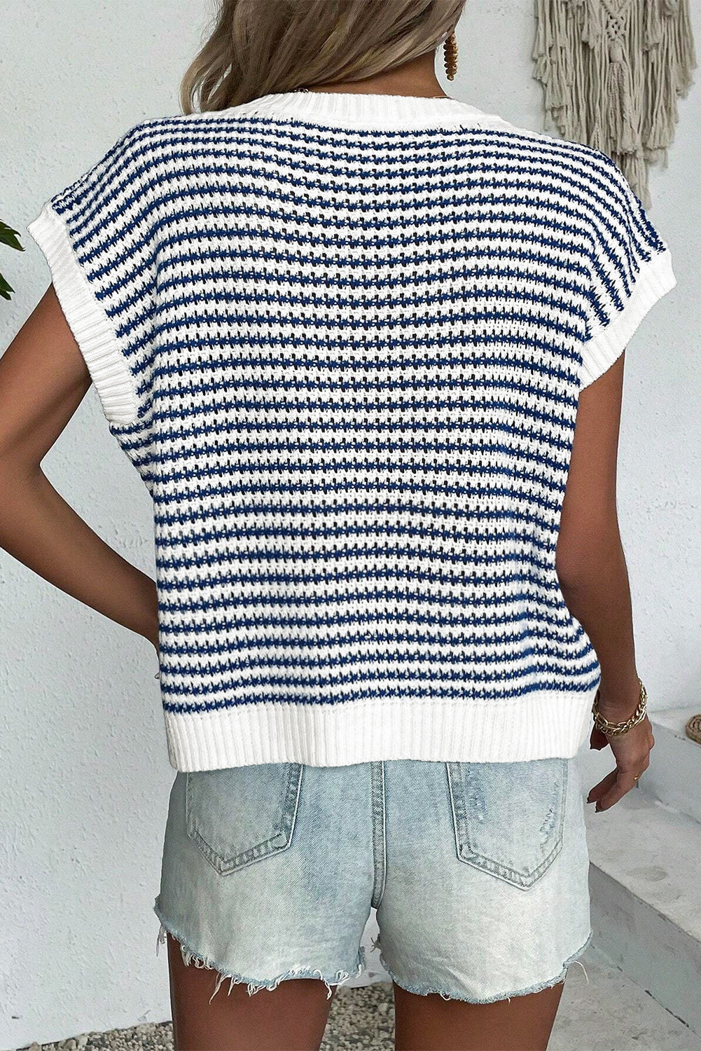 Ribbed Trim Loose Fit Knitted Sweater Vest | Blue Stripe