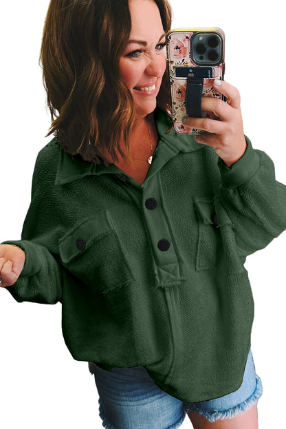 Plus Size Long Sleeve Flap Pocket Henley Top | Blackish Green