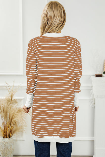 Striped Side Pockets Open Front Cardigan | Brown