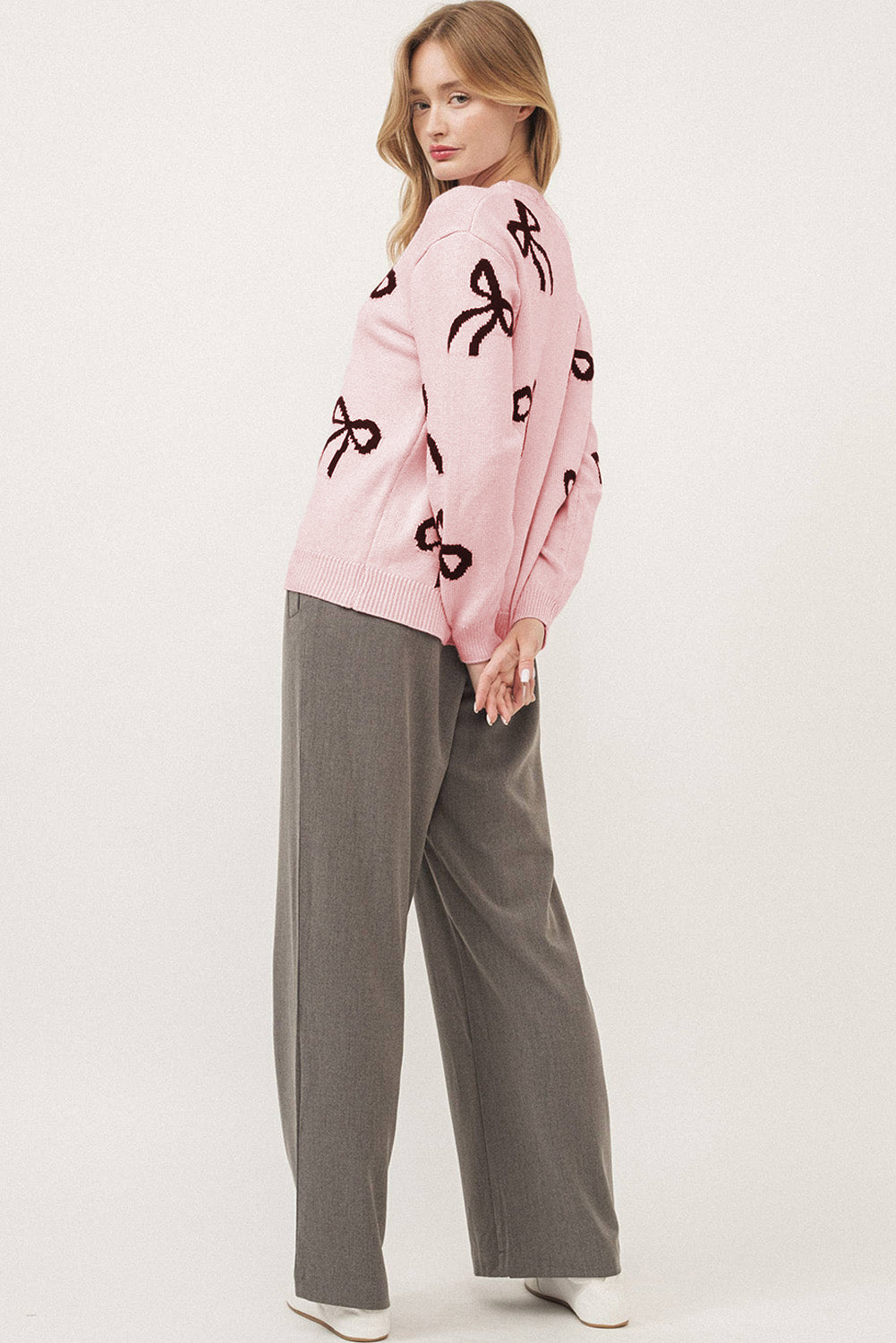 Bow Pattern Knitted Loose Fit Sweater | Light Pink