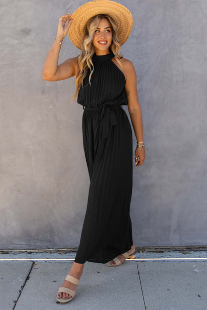 Halter Neck Pleated Wide Leg Jumpsuit With Belt | Black