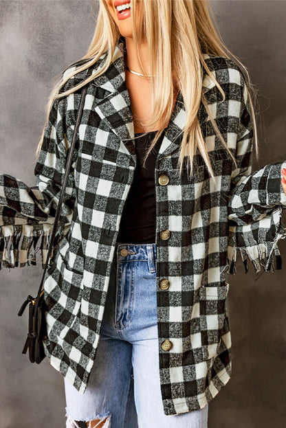 Fringed Plaid Print Shacket | Black