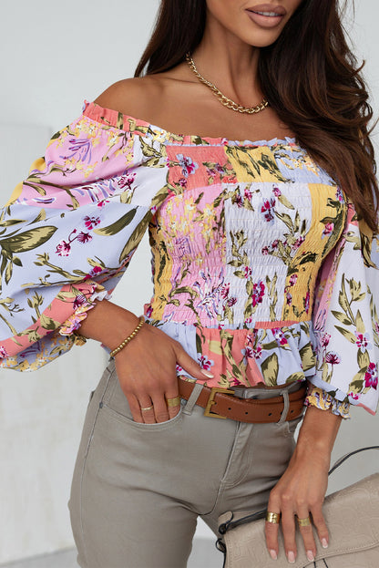 Smocked Floral Frilled Trim Square Neck Blouse | Multicolour