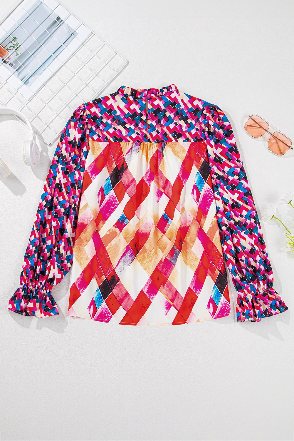 Abstract Geometric Pattern Patchwork Puff Sleeve Blouse | Rose Red