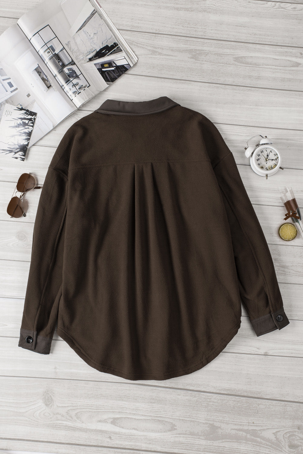 Turn Down Collar Buttoned Shirt Jacket | Brown