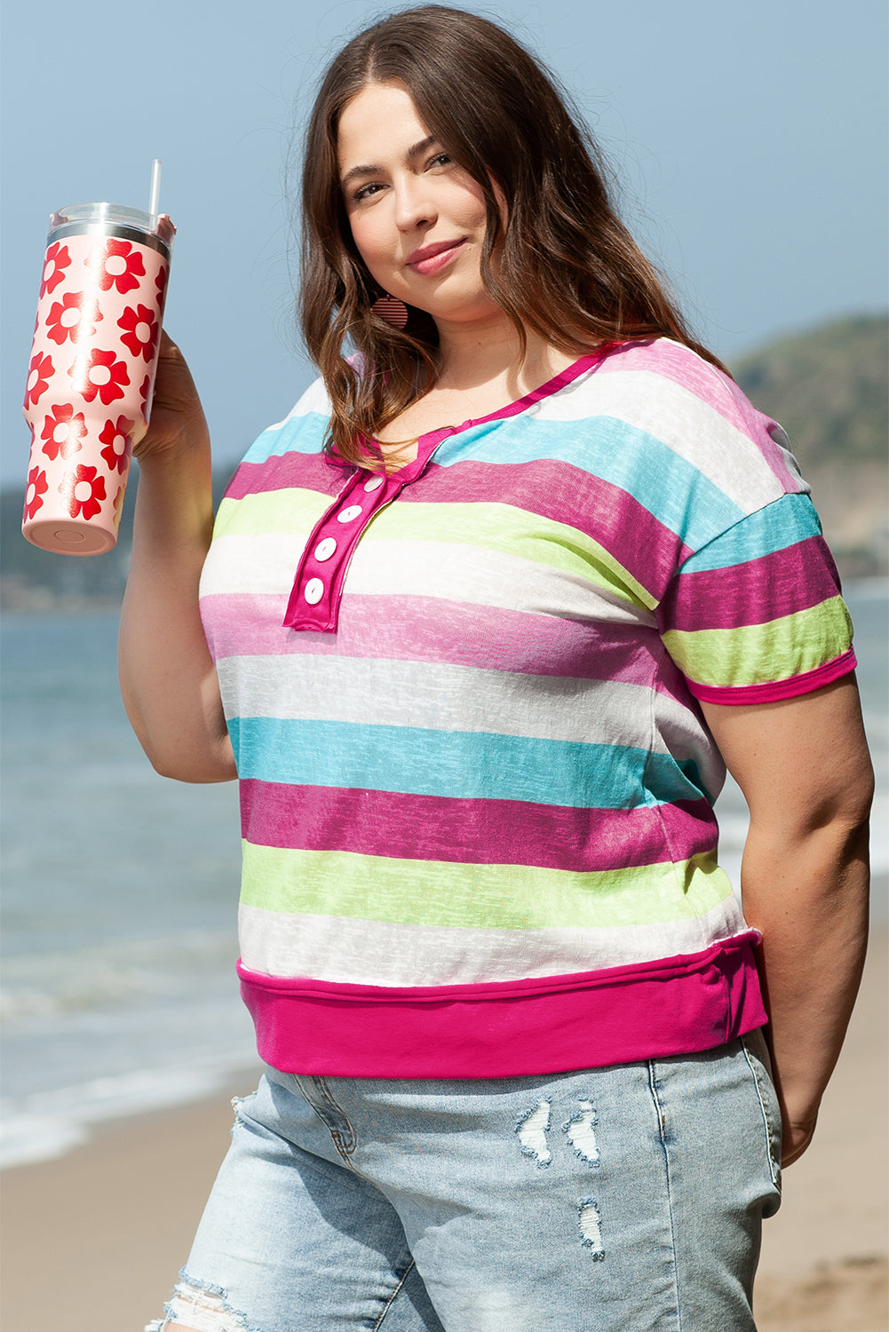 Plus Size Textured Knit Short Sleeve Henley Top | Rose Stripe