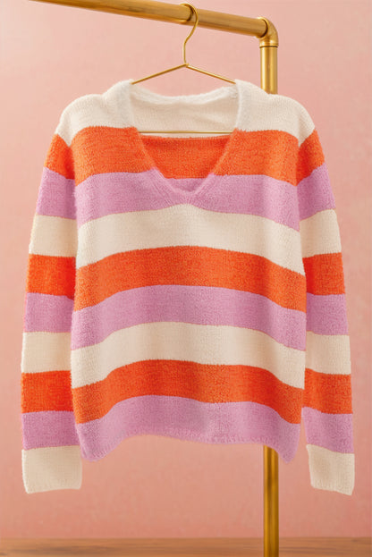 Colourblock V Neck Casual Sweater | Orange Stripe