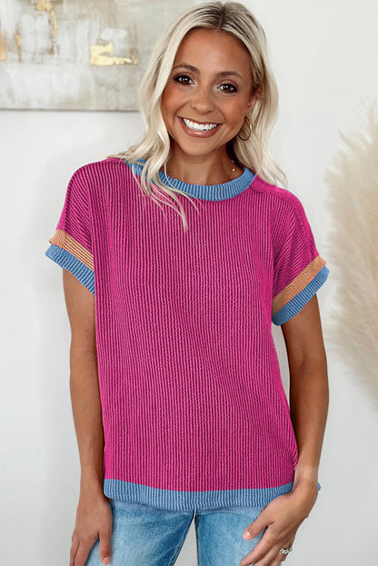 Textured Contrast Trim Round Neck T Shirt | Bright Pink