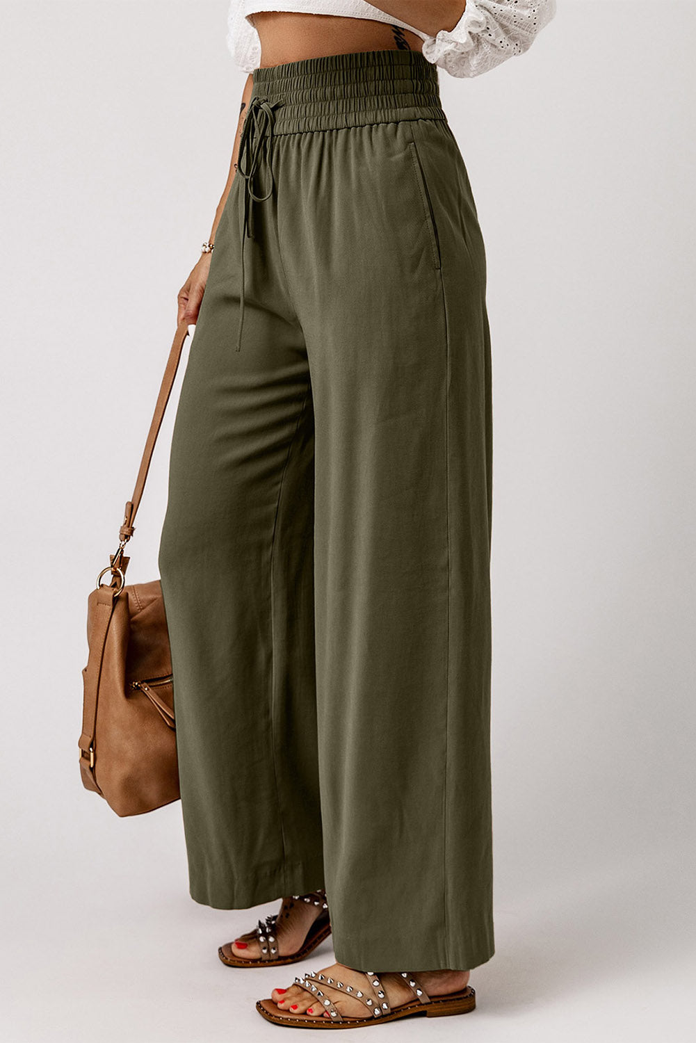 Brown Drawstring Elastic Waist Casual Wide Leg Pants | Green