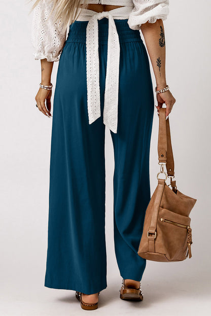 Drawstring Elastic Waist Casual Wide Leg Pants | Blue