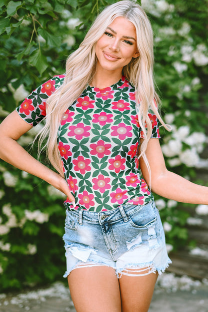 Retro Floral Print Crew Neck T Shirt | Fiery Red