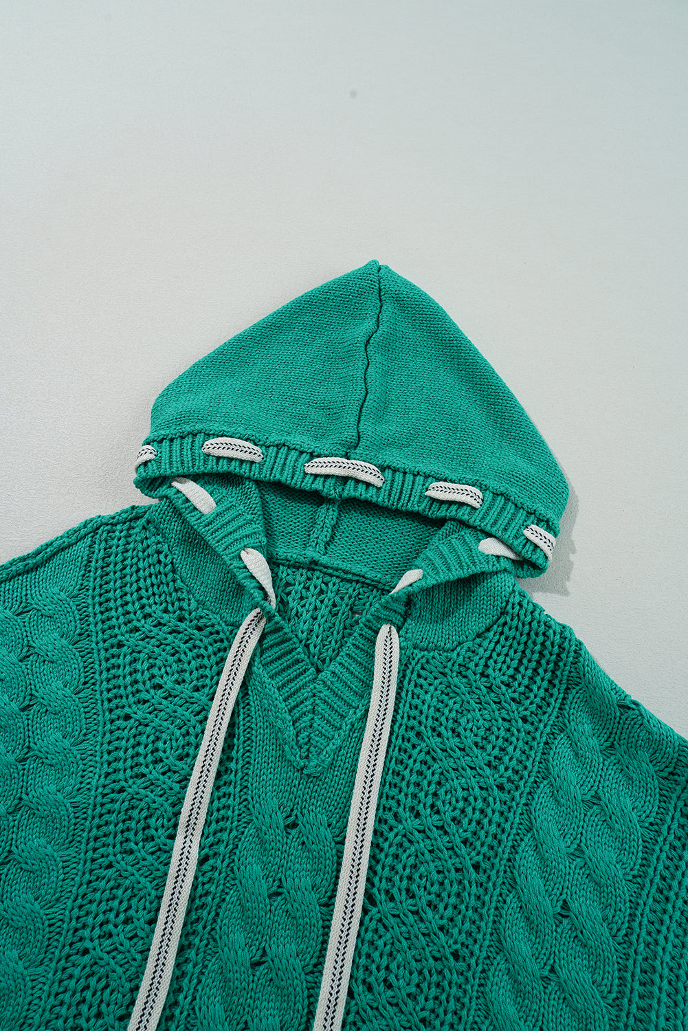 Cable Knit V Neck Contrast Drawstring Hooded Sweater | Sea Green