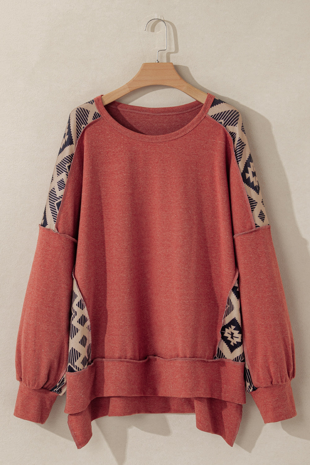 Aztec Patchwork Drop Shoulder Plus Size High Low Sweatshirt | Redwood Burl