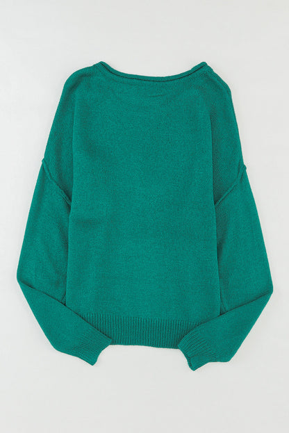 Solid Colour Off Shoulder Rib Knit Sweater With Pocket | Green