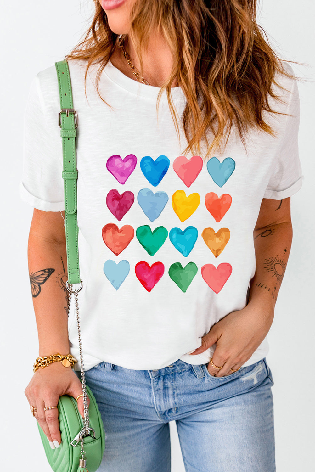 Colourful Heart Shaped Print Crew Neck T Shirt | White