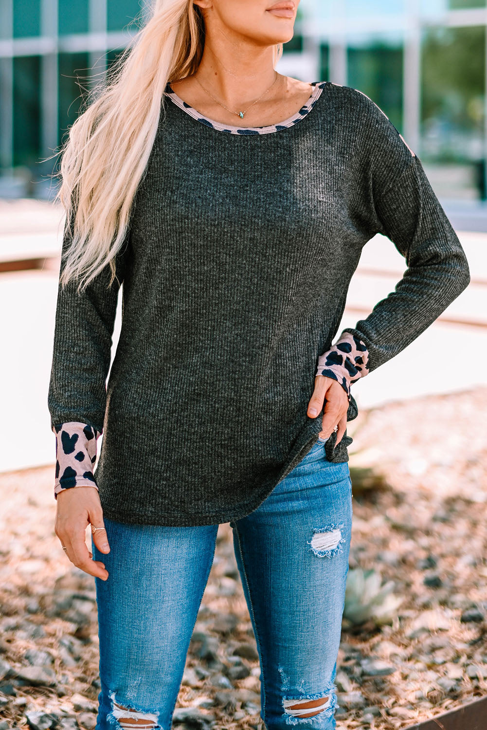 Black Leopard Contrast Trim Knit Top