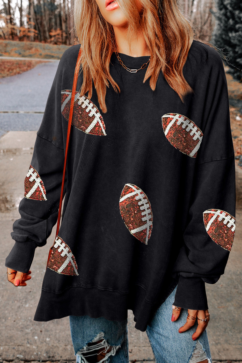 Black Rugby Football Print Side Split Loose Fit Sweatshirt