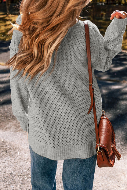 Loose Eyelet V Neck Drop Shoulder Sweater | Light Grey