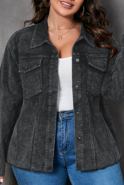 Plus Size Flap Pocket Raw Edge Corduroy Jacket | Gray