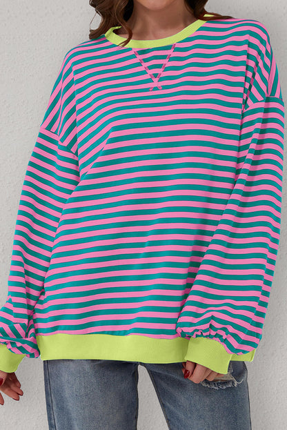 Oversized Contrast Trim Pullover Sweatshirt | Green Stripe